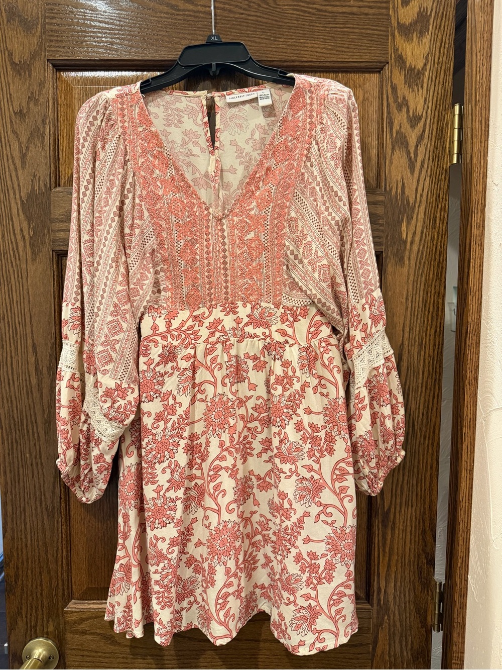 Sincerely Jules Pink and Cream Boho V-Neck Mini Dress